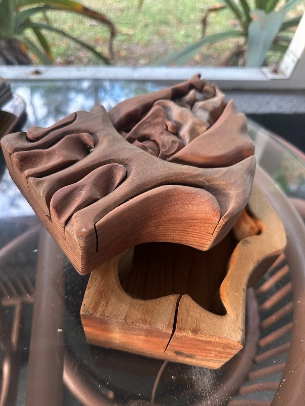 Vintage Hand-Carved Wooden Puzzle Box - Secret Compartment